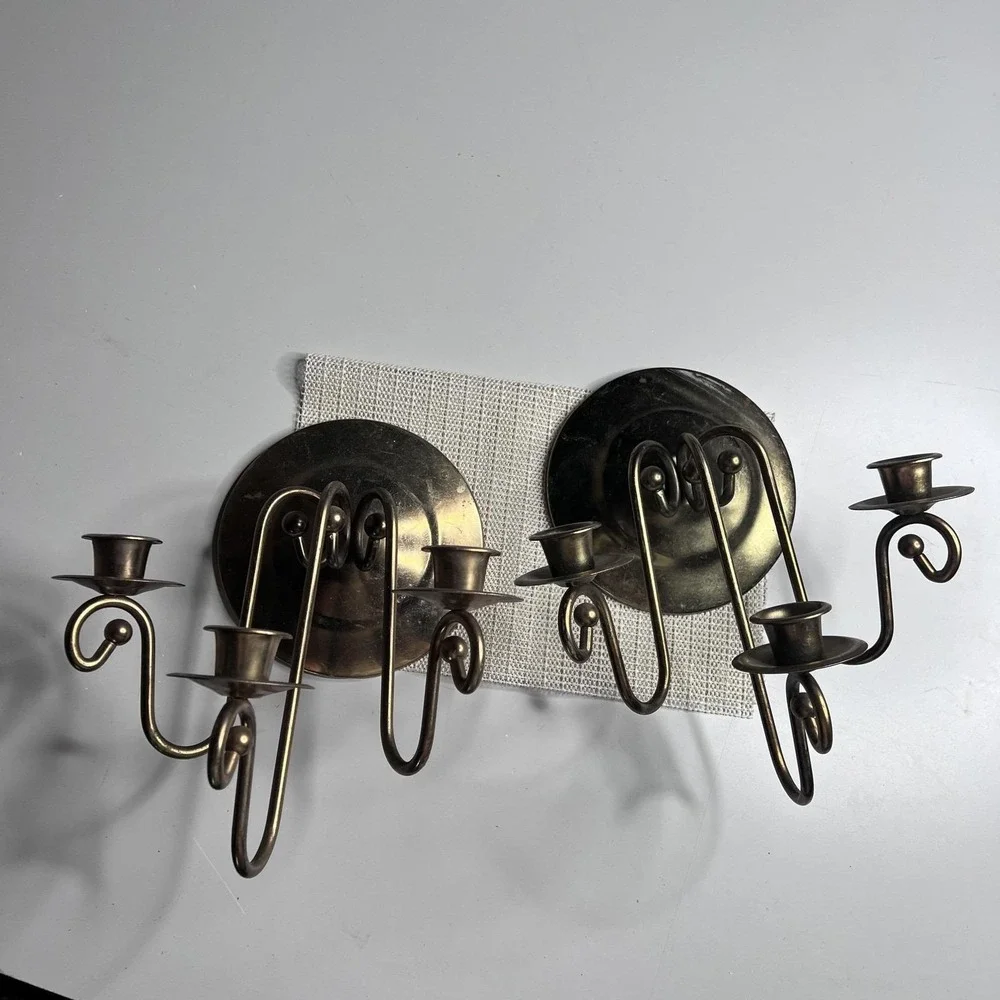 Vintage Gold Metal Wall Candle Sconces Set 2 Triple‎ Arm Traditional Decor